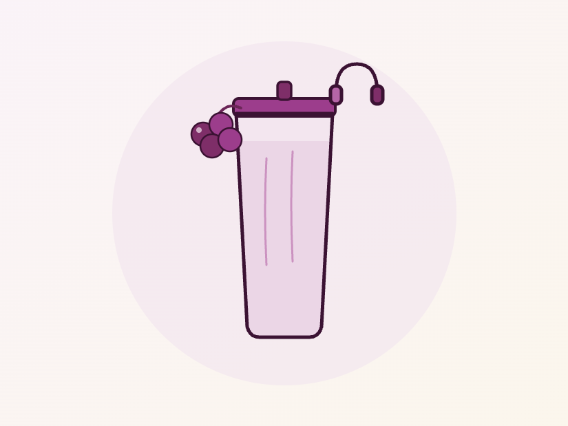 Ilustração de um copo de suco de uva para viagem, com uvas e fones de ouvido, para a adolescência