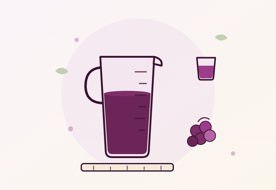 Ilustração de uma jarra medidora com suco de uva e marcações de volume