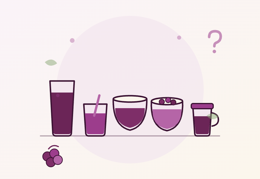 Ilustração de cinco copos diferentes lado a lado, cada um representando um tipo de suco de uva