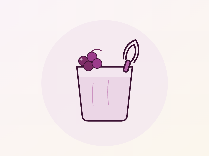 Ilustração de um copo de suco de uva com uvas e um batedor de cozinha, para a fase adulta