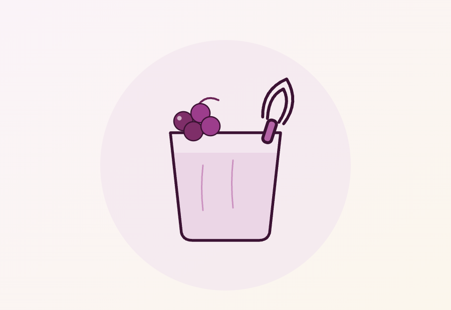 Ilustração de um copo de suco de uva com uvas e um batedor de cozinha, para a fase adulta