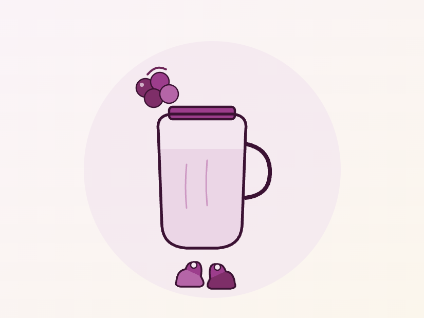 Ilustração de um copo de suco de uva com uvas e um par de sapatinhos de bebê, para a gestação
