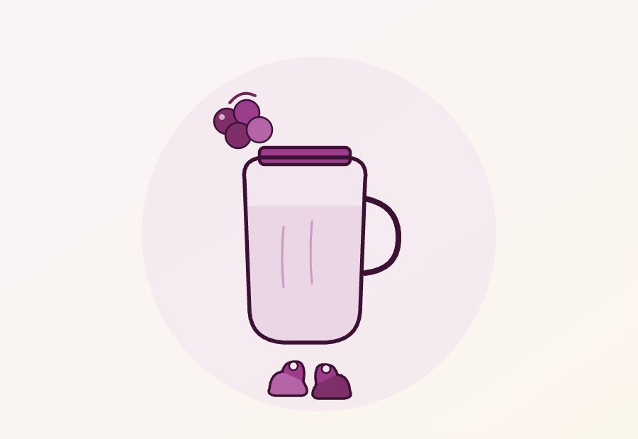 Ilustração de um copo de suco de uva com uvas e um par de sapatinhos de bebê, para a gestação