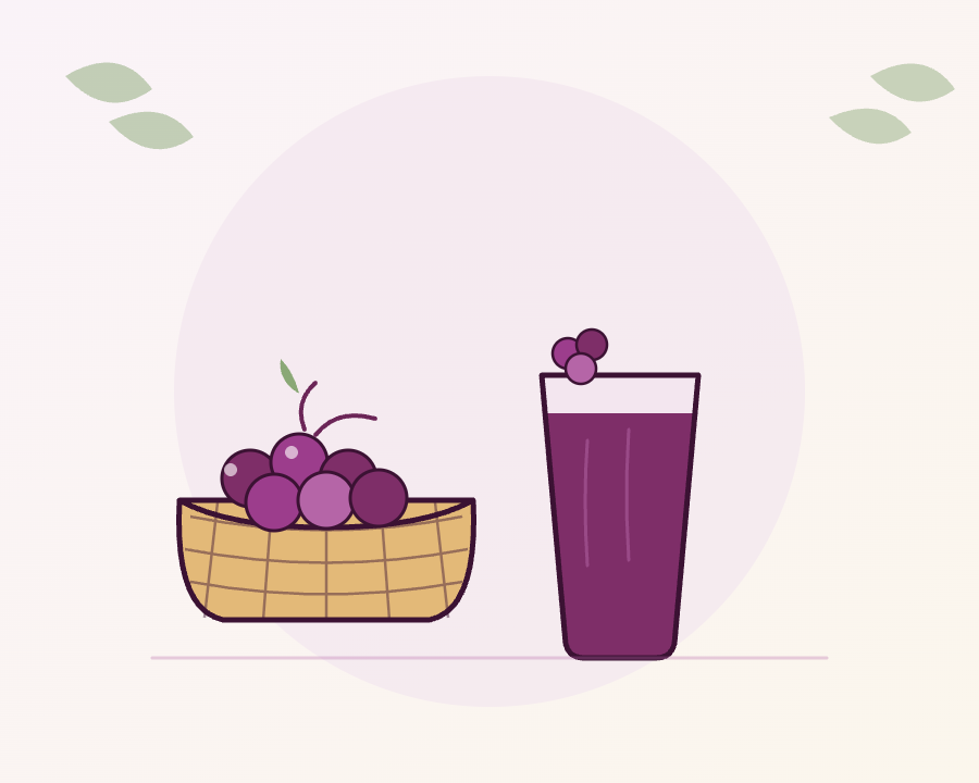 Ilustração de uma cesta de uvas e um copo de suco de uva, lado a lado