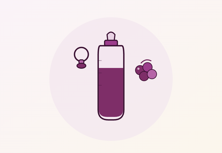 Ilustração de um copo de suco de uva com uvas e uma chupeta, para a fase da infância