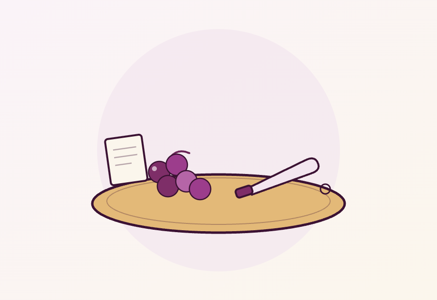 Ilustração de uma tábua com uvas, uma faca e um cartão de receita