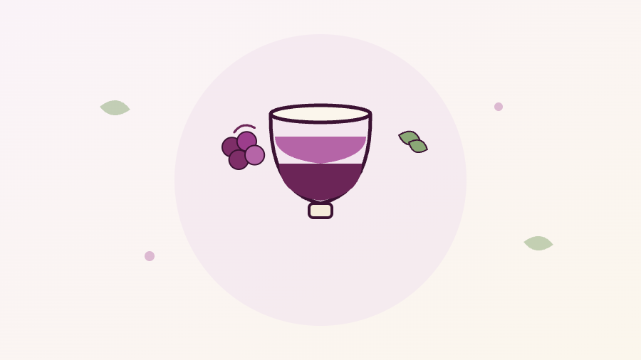 Ilustração de uma taça de sobremesa gelada com calda de uva e folhas de hortelã