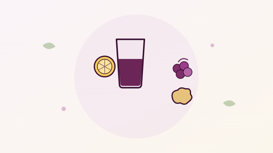Ilustração de um copo de suco combinado com uva, gengibre e uma rodela de cítrico