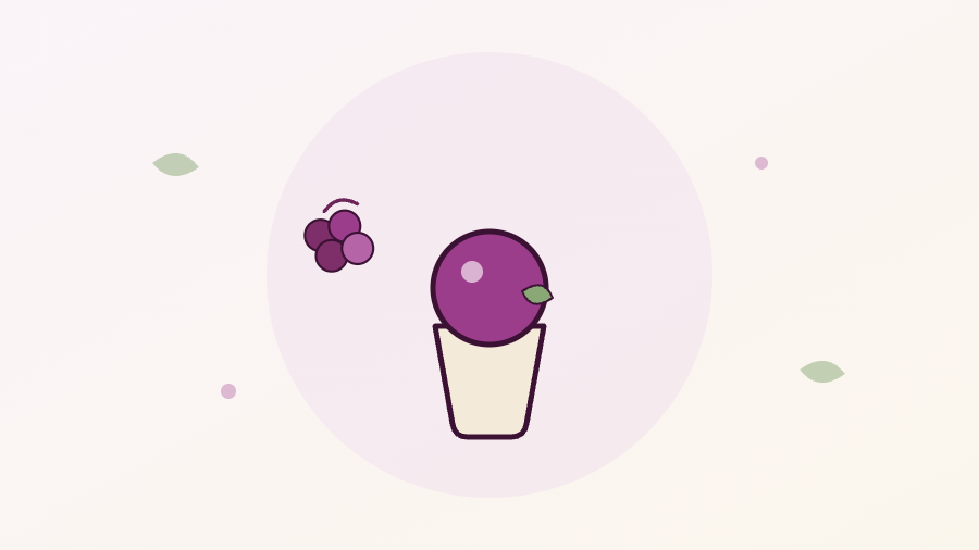 Ilustração de uma casquinha de sorvete de uva com folha de hortelã