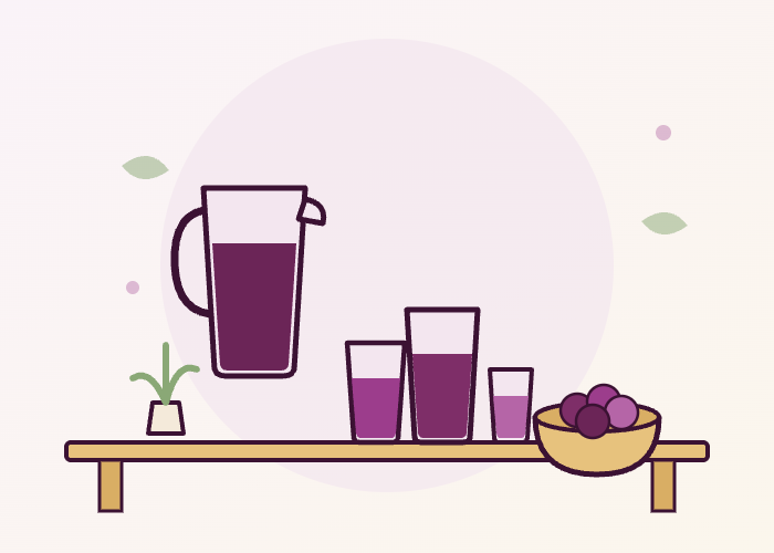Ilustração de uma jarra e copos de suco de uva de tamanhos diferentes sobre uma mesa, com uma tigela de uvas