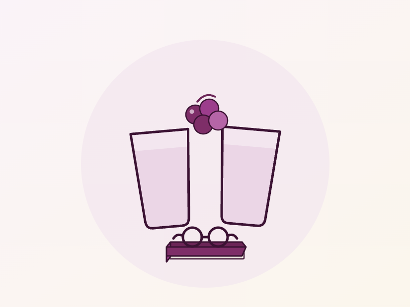 Ilustração de dois copos de suco de uva lado a lado, com uvas e óculos de leitura, para a terceira idade